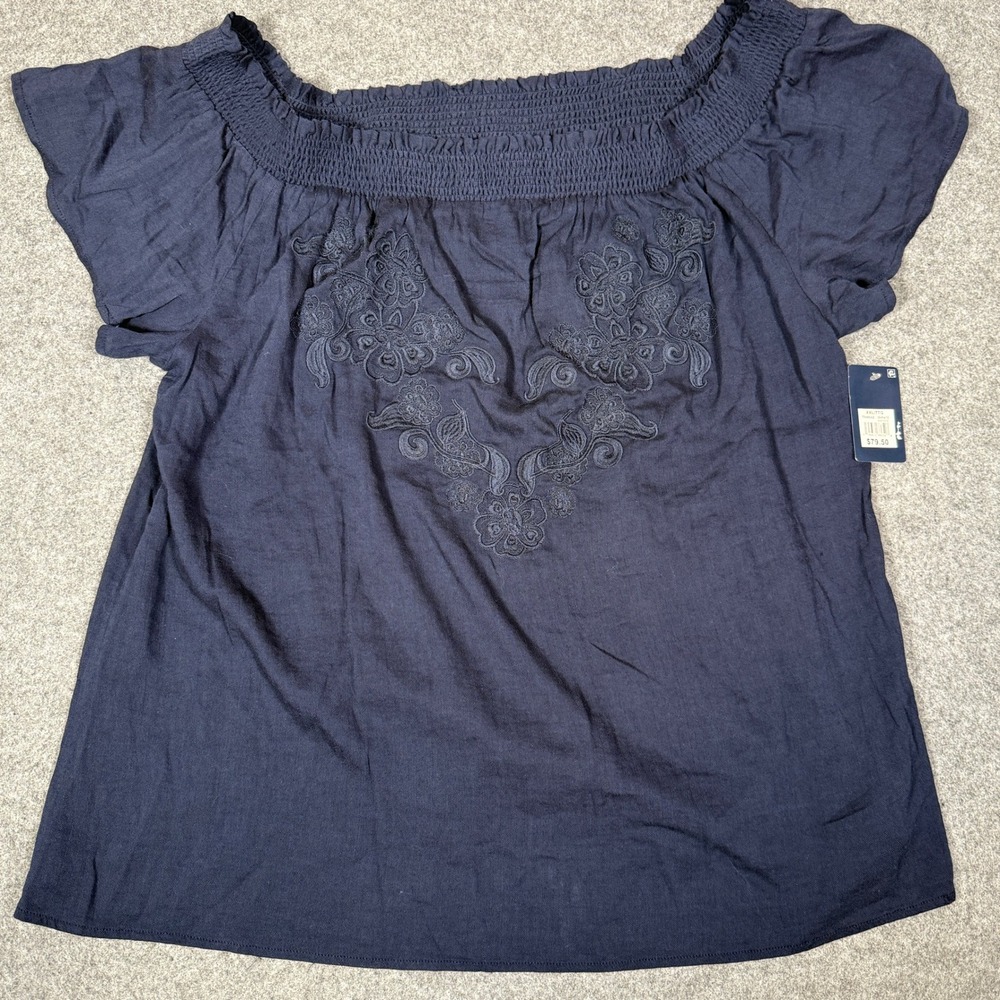 Lucky Brand Navy Blue Embroidered Smocked Off Shoulder Blouse XXL 7W46042